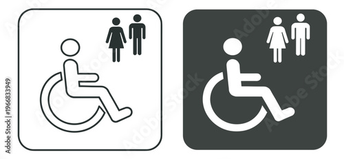 wheelchair accessibility icon set, disabled person pictogram with male and female indicators in rounded square panels, black and white vector symbols on transparent background