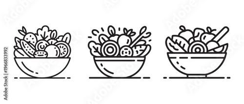 Minimalist line art salad bowls featuring fresh vegetables, greens, and healthy ingredients on a clean white background.