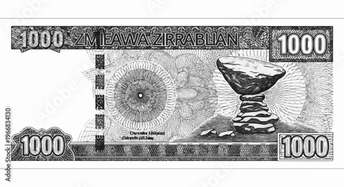 A stylized banknote design features a balanced rock formation against a floral pattern