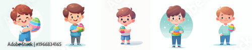 vector of a little boy standing happily holding an Easter egg