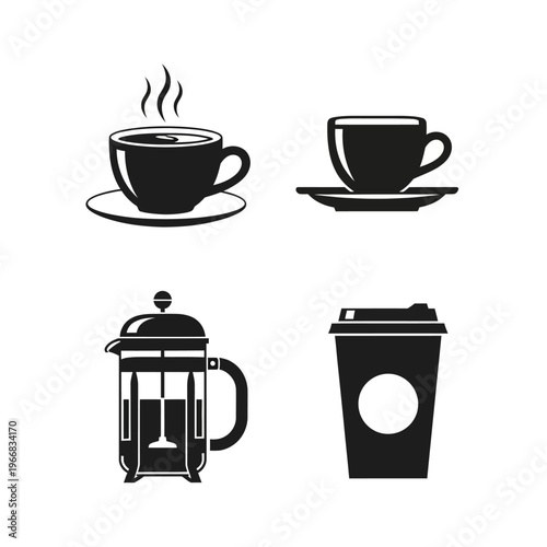 A set of coffee icons including a steaming cup on a saucer, another cup on a saucer, a French press, and a takeaway coffee cup.
