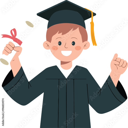 Cheerful boy student wearing a graduation cap and gown holding up a diploma scroll celebrating school completion and academic success.
