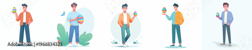 vector of a man standing happily holding an Easter egg