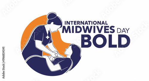 International Midwives Day logo with bold typography in blue and orange colors for healthcare marketing