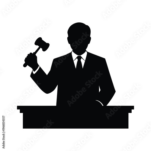 Professional judge silhouette standing at wooden podium with raised gavel for legal auction and courtroom justice concept scene.