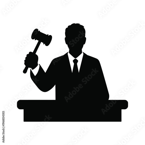 Black silhouette of auctioneer holding gavel at pulpit for bidding competition and commercial property sale representation graphic.