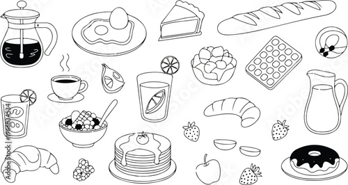 Hand drawn food doodle collection featuring pancakes coffee pizza and bakery items black and white seamless brunch theme design