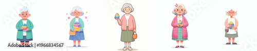 vector of a grandma standing happily holding an Easter egg