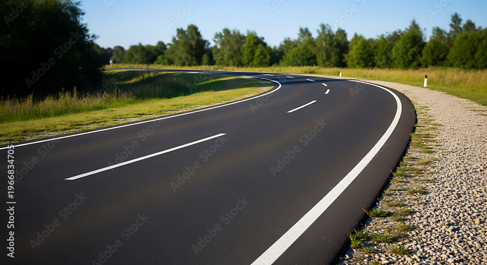 Obraz premium Winding asphalt road through a lush green countryside landscape