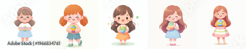 vector of a little girl standing happily holding an Easter egg