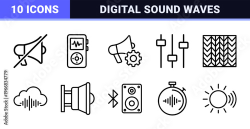 Audio Sound and Acoustic Engineering Minimalist Geometric Line Art Set for Professional UI Design and Broadcasting Infrastructure