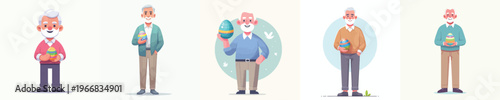 vector of a grandpa standing happily holding an Easter egg