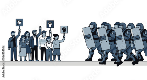 Peaceful Protestors Holding Signs Confronting Riot Police