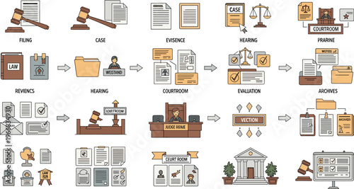 Legal Workflow and Court Case Management Icon Set with Legal Documents Filing System Courtroom Trial Legal Procedures and Case Processing Elements.