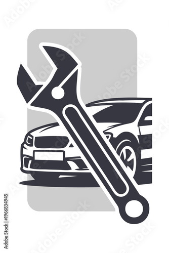 Logo taller mecánico. Dibujo con siluetas de un vehículo de lujo con una llave ajustable con un rectángulo de fondo 