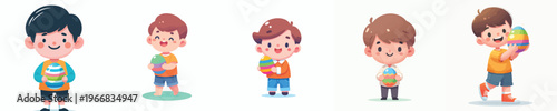 vector of a little boy standing happily holding an Easter egg