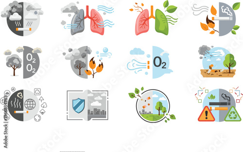 Foto Air Pollution and Environmental Health Impact Set with Illustrations of Lungs, T