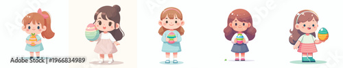 vector of a little girl standing happily holding an Easter egg