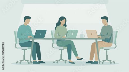 Diverse team of business professionals working on laptops at a modern office table