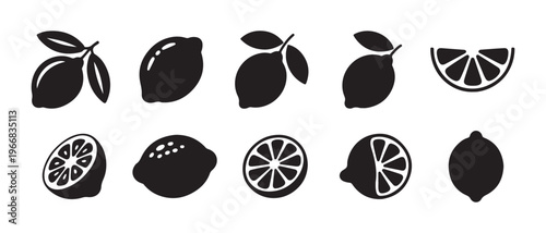 Lemon Icon Set. Whole Fruits, Halved, Sliced, and on Branch - Black and White Vector Graphics.
