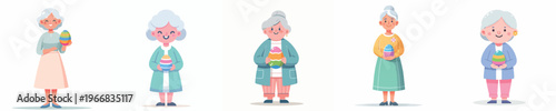 vector of a grandma standing happily holding an Easter egg