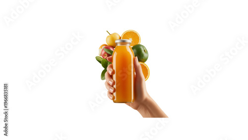 Hand holding a colorful smoothie with fresh fruit garnish Vector