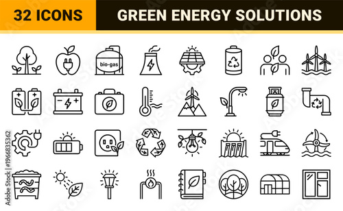 Sustainable Energy and Green Technology Thin Line Outline Symbols Featuring Renewable Power, Solar, Wind, and Eco-Innovation Concepts.