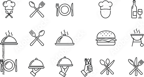 Professional restaurant and culinary icon set featuring chef hats, cutlery, dinnerware, burgers, wine, and barbecue symbols for food industry branding.