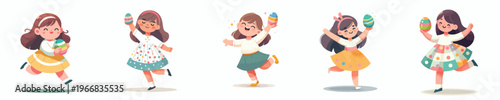 vector of a little girl dancing happily holding an Easter egg