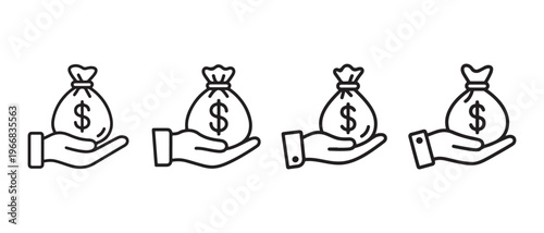 Hand holding money bag with dollar sign outline icon set. on clean white background, symbolizing finance and investment.