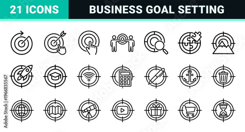 Business Strategy Target Outline Icons Featuring Precision Crosshairs, Bullseye Symbols, and Marketing Goal Achievement Geometric Line Art.