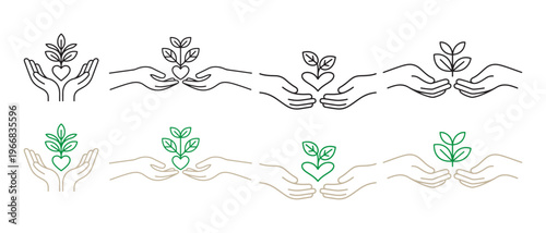Hands Holding a Heart-Shaped Plant Sprout, Symbolizing Growth, Care, and Environmental Sustainability in Minimalist Line Art.