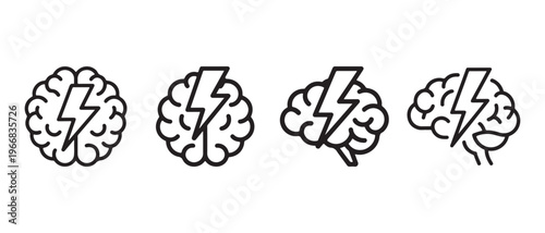 Set of Brain and Lightning Bolt Icons. Symbolizing Intelligence, Creativity, and Powerful Ideas.