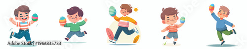 vector of a little boy dancing happily holding an Easter egg