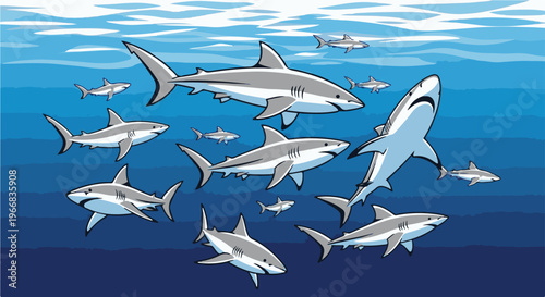 A school of grey sharks swims through blue ocean depths