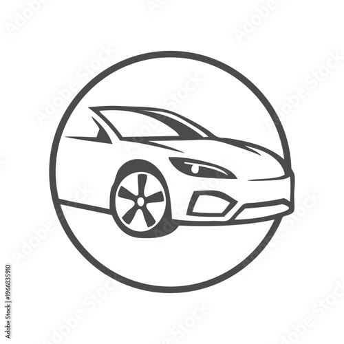 Logo concesionario de coches. Dibujo con líneas de la vista de cerca de un vehículo de lujo en un círculo 