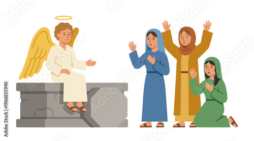 Angel with Halo Sitting on Stone Block Greeting People