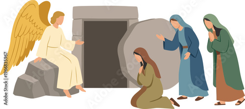 Biblical Angel and People Praying in Front of an Empty Tomb Scene