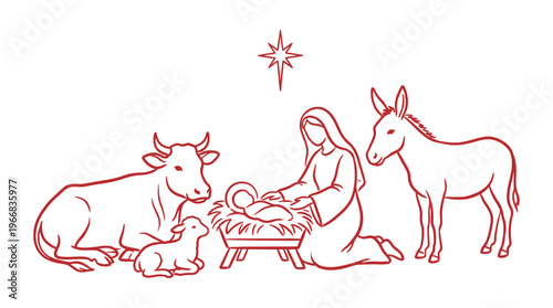 Christmas Nativity Scene with Baby Jesus, Mary, Donkey and Cow Illustration