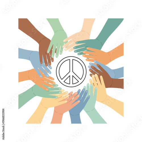 Illustration of diverse hands coming together around a peace sign, symbolizing global peace, unity, and multicultural harmony on a white background with a celebration of respect and