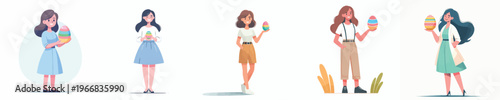 vector of a woman standing happily holding an Easter egg