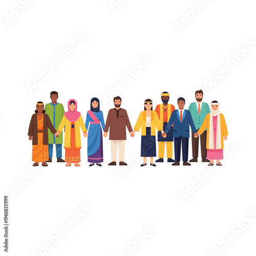 Illustration of diverse people from different cultures standing united in a celebration of global peace and inclusion with a multicultural harmony concept design on a white background.