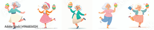 vector of a grandma dancing happily holding an Easter egg