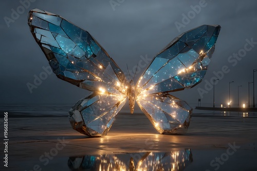 Stunning glowing butterfly art sculpture made of shattered glass reflecting on wet ground at twilight.