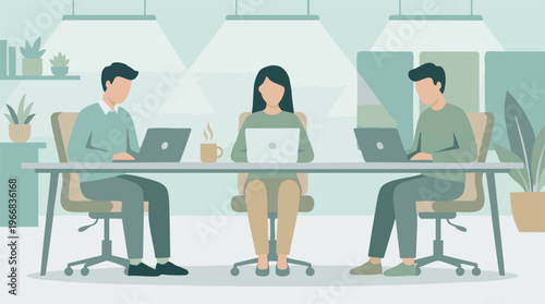 Diverse team working on laptops in a modern minimalist office environment