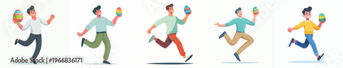 vector of a man dancing happily holding an Easter egg