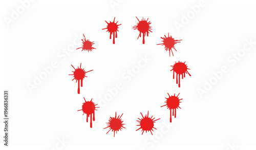 A flat vector illustration of a collection of twelve blood splatter stains arranged in a circular composition, featuring various splash patterns, droplets, and dripping shapes in solid red color on a 