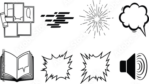 Comic book style speech bubbles and sound effects icons set including book and floor plan