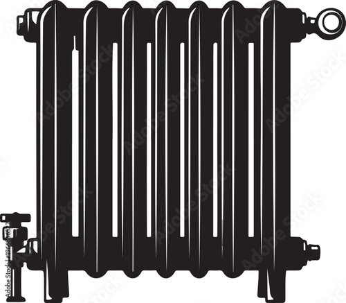 Elegant vintage style cast iron radiator depicted as a solid black graphic, representing traditional heating and cozy home ambiance and comfort