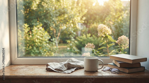 Foto Cozy window sill scene with books, reading glasses, coffee mug, and linen cloth, overlooking a sunlit garden